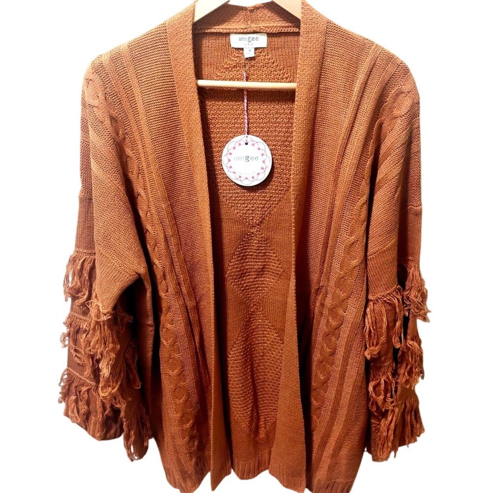 NWT Umgee Womens Camel Fringe Open Front Cardigan Sweater~Boho~MEDIUM - Picture 6 of 10